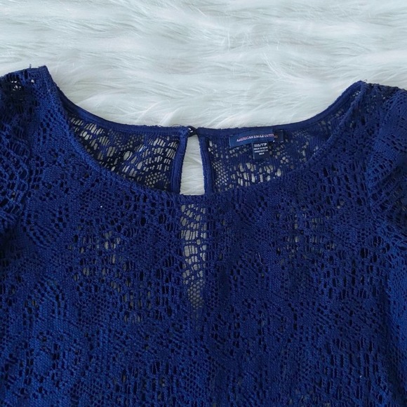 American Eagle Navy Blue Lace Crochet Bell Sleeve Croquette Mini Dress Sz XXS - Picture 6 of 10